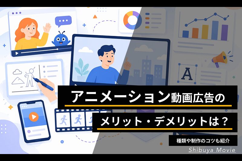 アニメーション動画広告の種類や特徴を示したビジュアル（キャラクター・モーショングラフィックス・タイポグラフィなどの表現例）