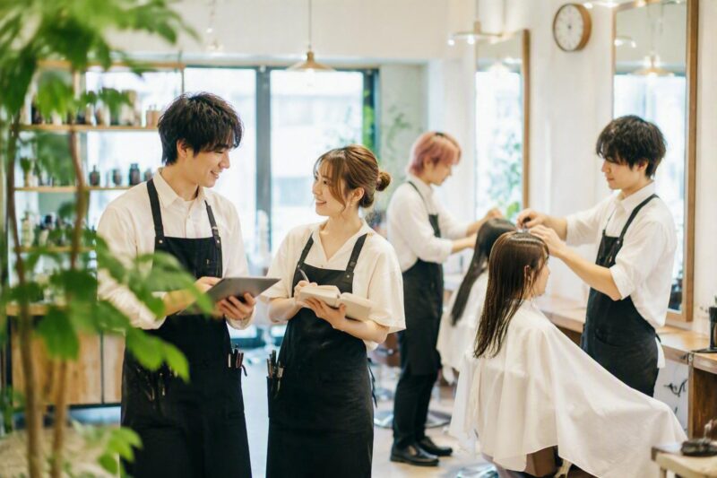 美容室で働くスタッフの様子と店内の雰囲気