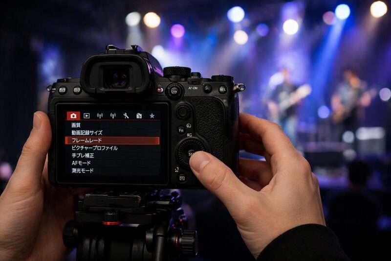 ライブ動画撮影に向けてカメラの設定を事前に調整している様子
