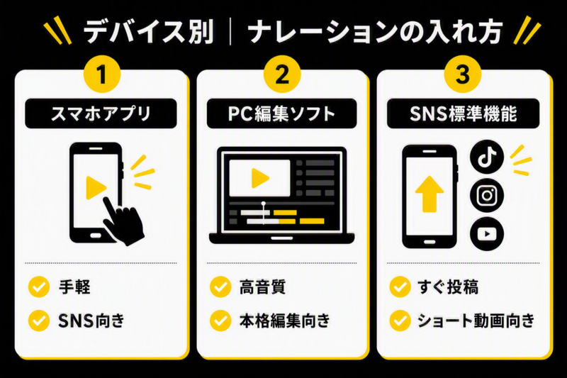スマホアプリ・PC編集ソフト・SNS標準機能で動画にナレーションを入れる方法を比較した図