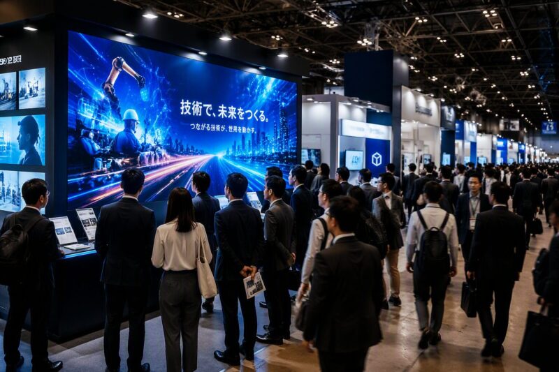 展示会ブースの大型LEDビジョンで動画を上映し来場者の注目を集める様子