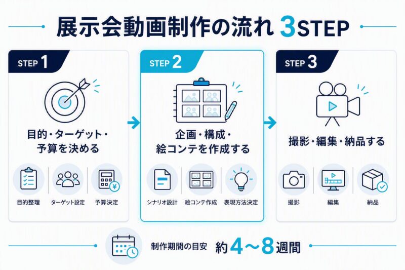 展示会動画制作の流れを目的設定から企画構成、撮影・編集・納品まで3ステップで示した図解