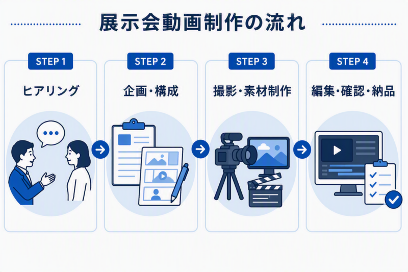 展示会動画制作の流れを4つの工程で紹介したフロー図