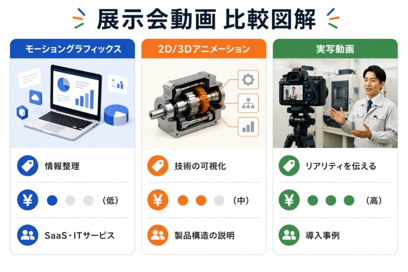 展示会動画で活用されるモーショングラフィックス・アニメーション・実写動画の特徴や費用目安を比較した図解