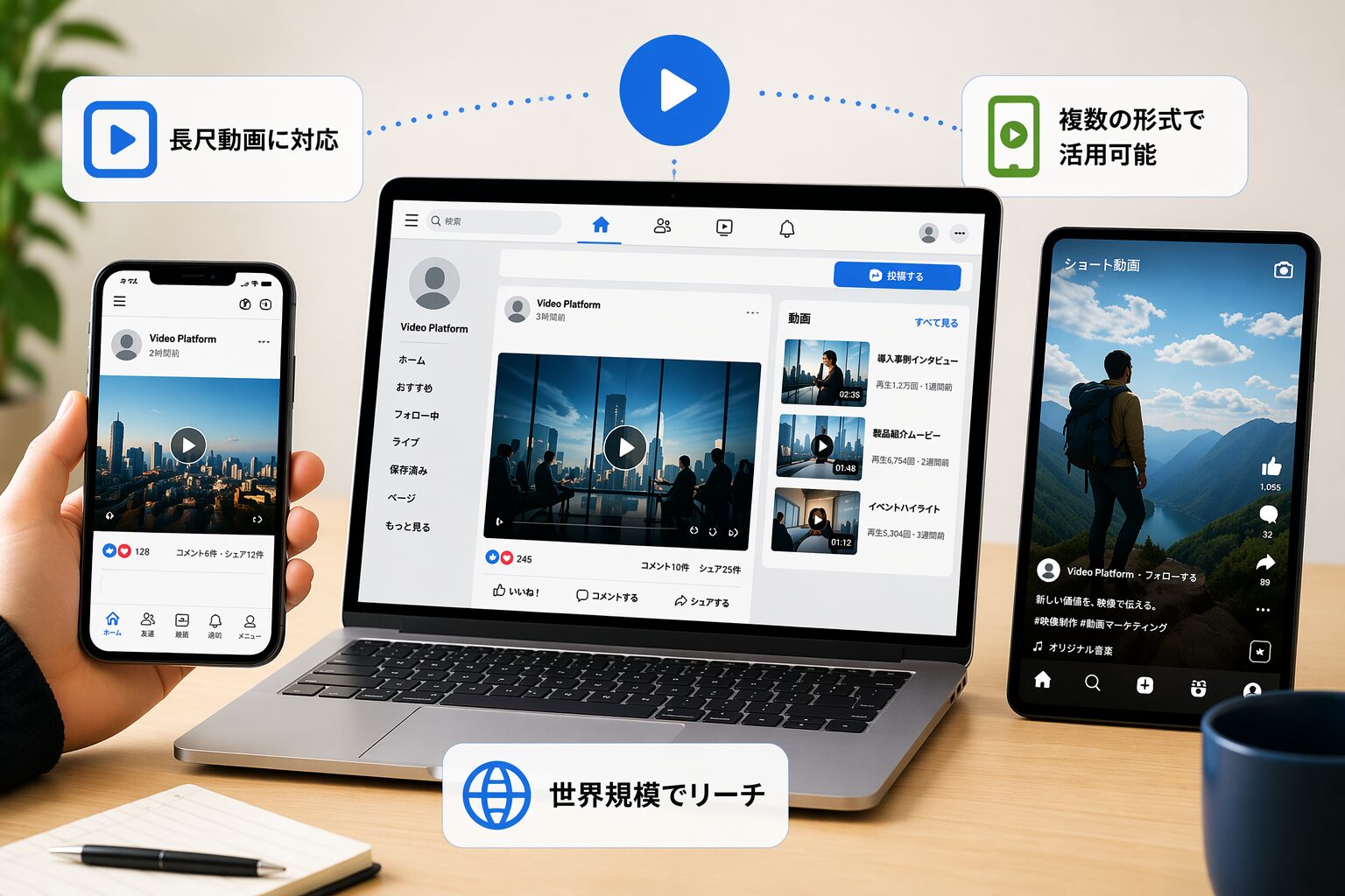 SNS動画の特徴を解説するイメージ（スマートフォンとPCで動画コンテンツを閲覧・投稿する様子）