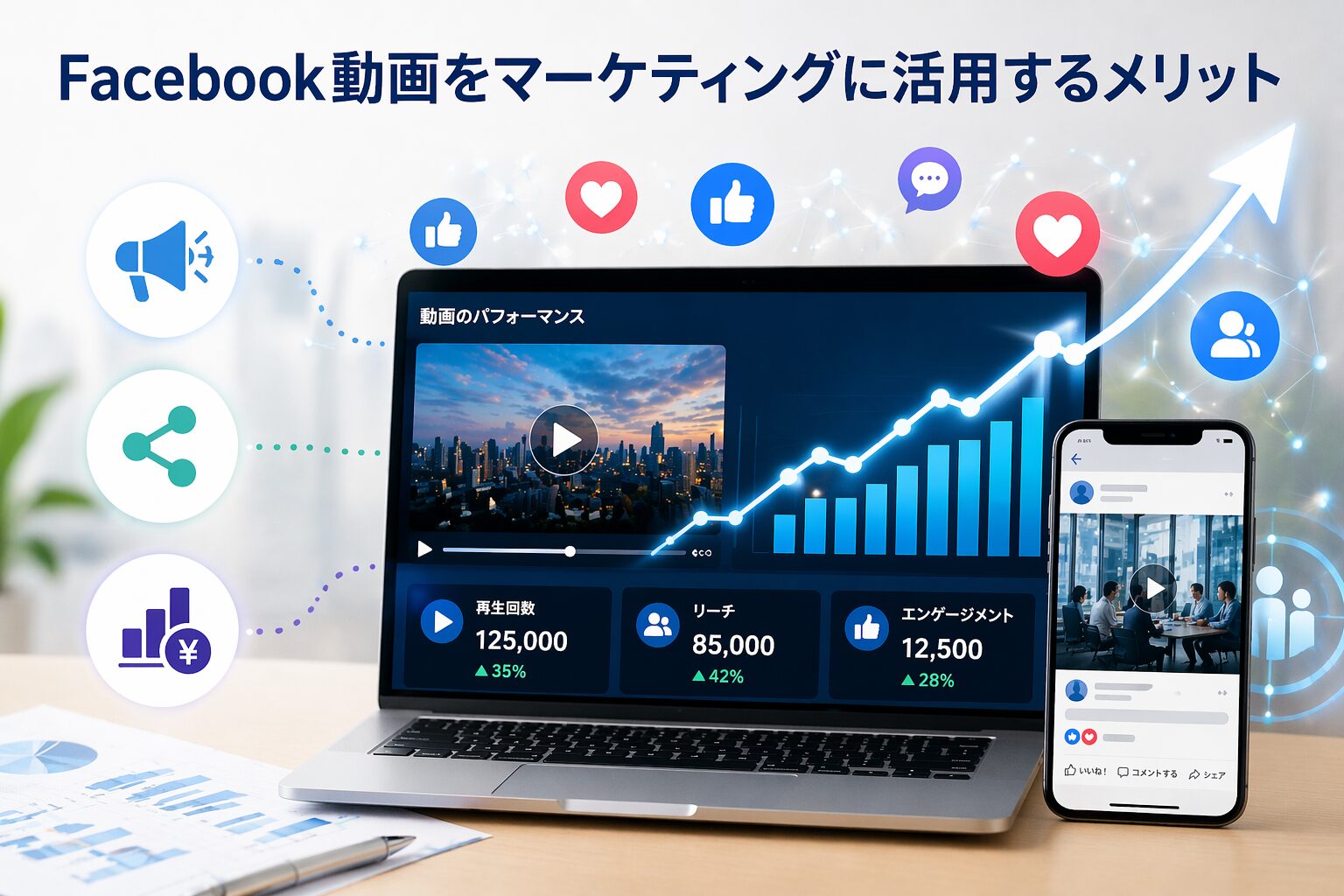 Facebook動画マーケティングのメリットを示すイメージ｜再生数やリーチが伸びる成長グラフとSNS活用の様子