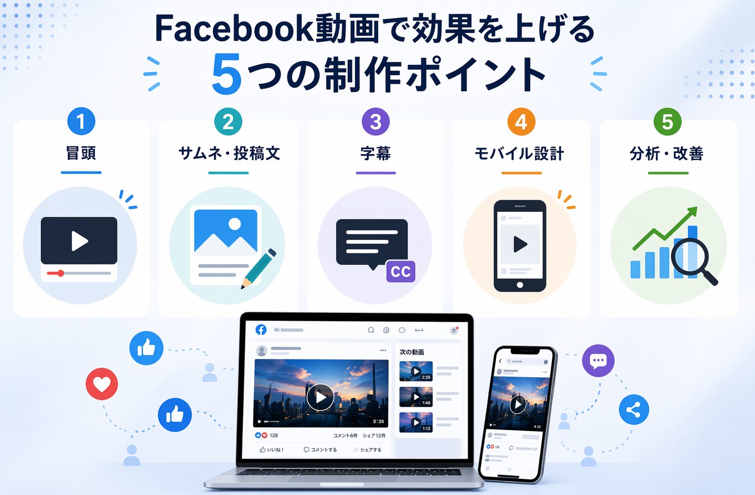 Facebook動画で効果を上げるための制作ポイント5つのイメージ｜冒頭・サムネ・字幕・モバイル設計・分析改善