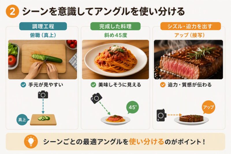 レシピ動画における撮影アングルの使い分けを解説した図解。俯瞰・45度・アップの3つの視点をシーン別に比較し、それぞれの効果を示している
