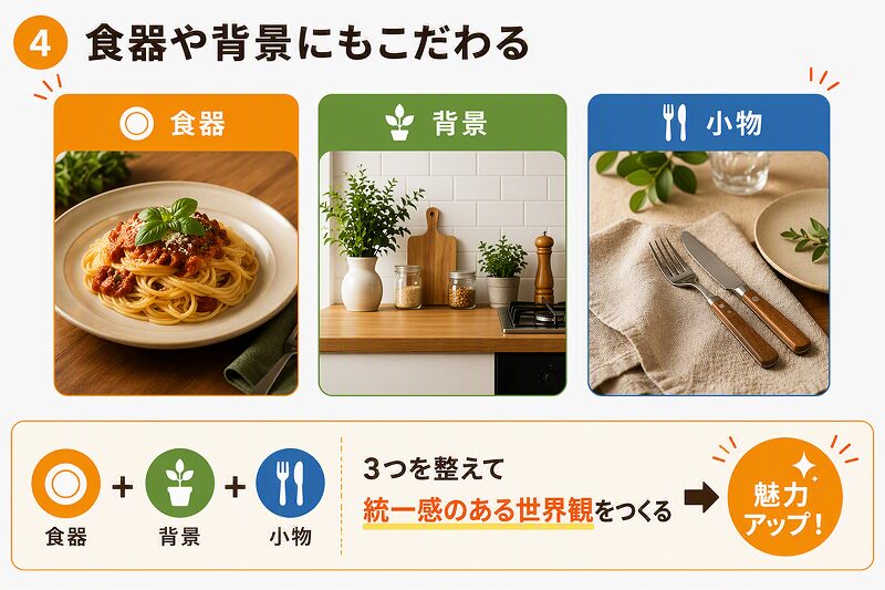 レシピ動画のスタイリング方法を解説した図解。食器・背景・小物を組み合わせて統一感のある世界観を作ることで料理の魅力が高まることを示している
