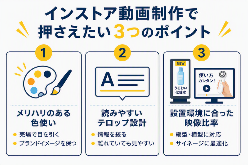 インストア動画制作で押さえたい3つのポイントをまとめた図解