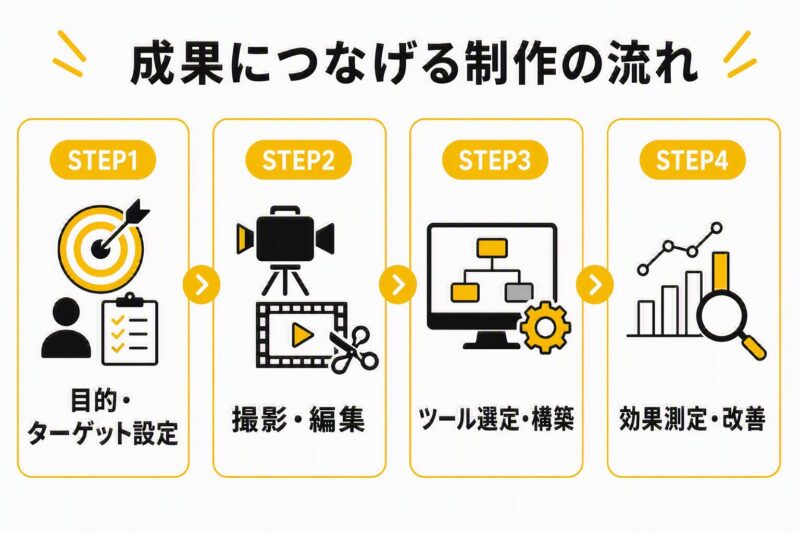 採用インタラクティブ動画の制作手順を目的設定から効果測定まで4つのステップで示した図解