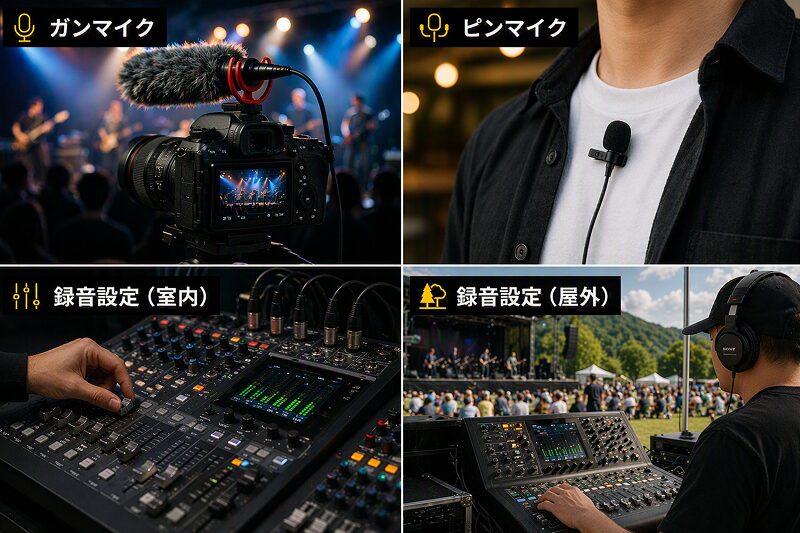 ライブ動画撮影におけるガンマイク・ピンマイク・録音設定（室内・屋外）の使い分けイメージ