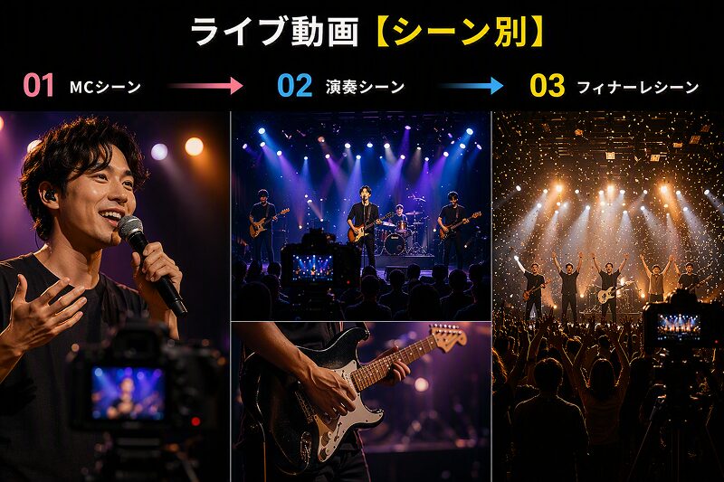 ライブ動画撮影でMC・演奏・フィナーレの流れを示したシーン別イメージ