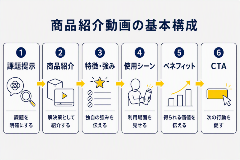 商品紹介動画の基本構成である課題提示、商品紹介、特徴・強み、使用シーン、ベネフィット、CTAの流れを示した図解