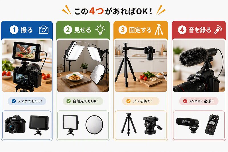 レシピ動画の撮影に必要な機材をまとめた図解。カメラ・照明・三脚・マイクの4つの基本機材をそれぞれの役割とともに紹介している