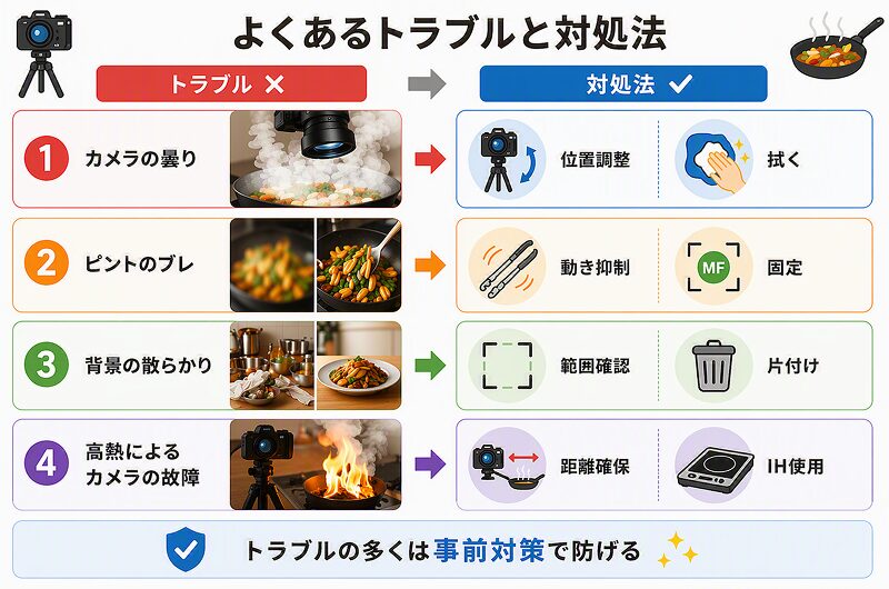 料理動画撮影で起こりがちなトラブルと対処法の図。曇り・ブレ・散らかり・機材トラブルの対策を一目で確認できる