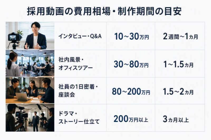 インタビュー・オフィスツアー・密着取材・ドラマ仕立ての採用動画における費用相場と制作期間の比較