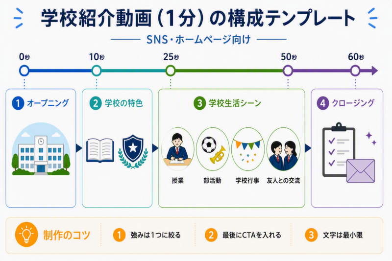 学校紹介動画の1分構成テンプレート。オープニングから学校生活シーン、資料請求・説明会予約までの時間配分を示した図解