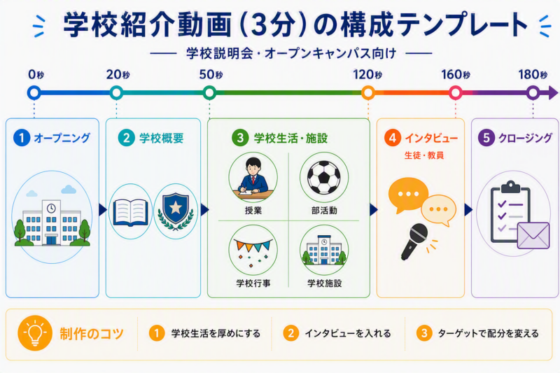 学校紹介動画の3分構成テンプレート。学校概要、学校生活・施設紹介、生徒・教員インタビュー、資料請求・説明会予約への導線までを解説した図解