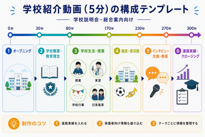 学校紹介動画の5分構成テンプレート。学校概要や教育理念、学校生活、施設紹介、インタビュー、進路実績までを含む学校説明会向け動画の時間配分例
