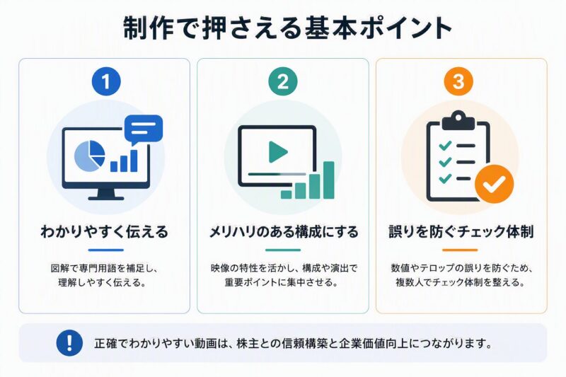 株主総会動画制作の基本ポイントを示した図解（わかりやすい伝達・メリハリ構成・チェック体制）