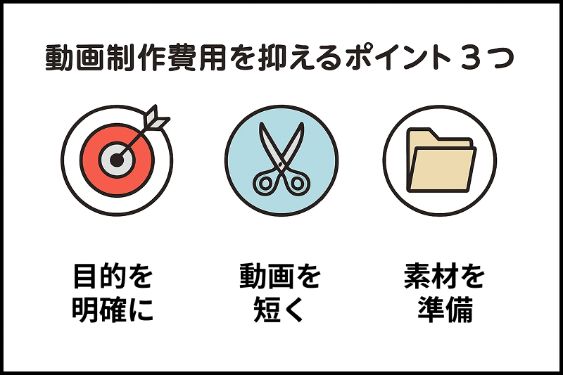 動画制作費用を抑えるための3つのポイントを示した図解
