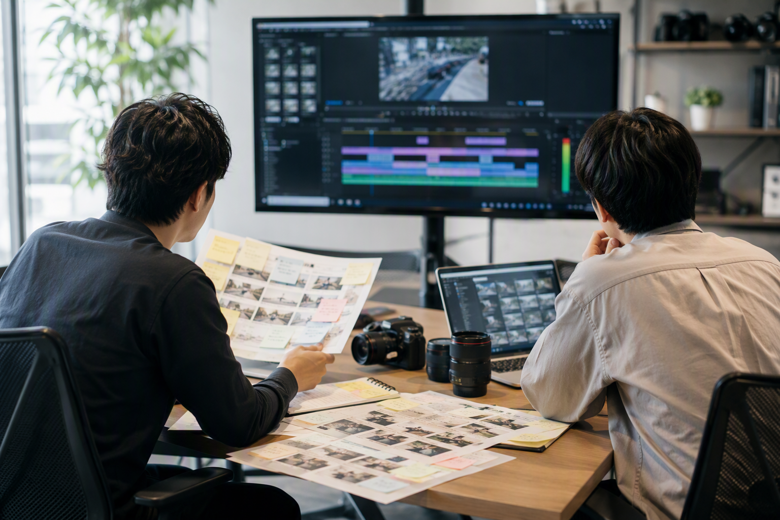 動画制作の課題を確認しながら打ち合わせを行う様子