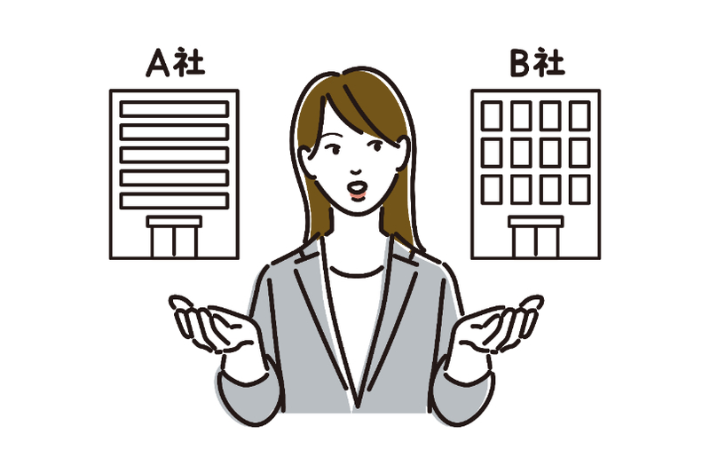 動画制作を外注する際にA社とB社を比較しながら依頼先を検討しているイメージ