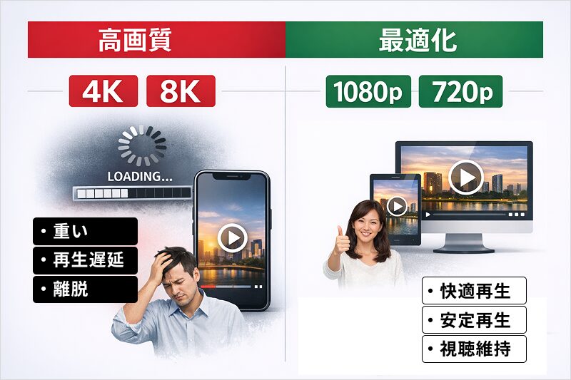 高画質（4K・8K）と最適化された動画（1080p・720p）の比較。再生遅延や離脱を招く高解像度と、快適視聴につながる適切な解像度の違いを示したイメージ
