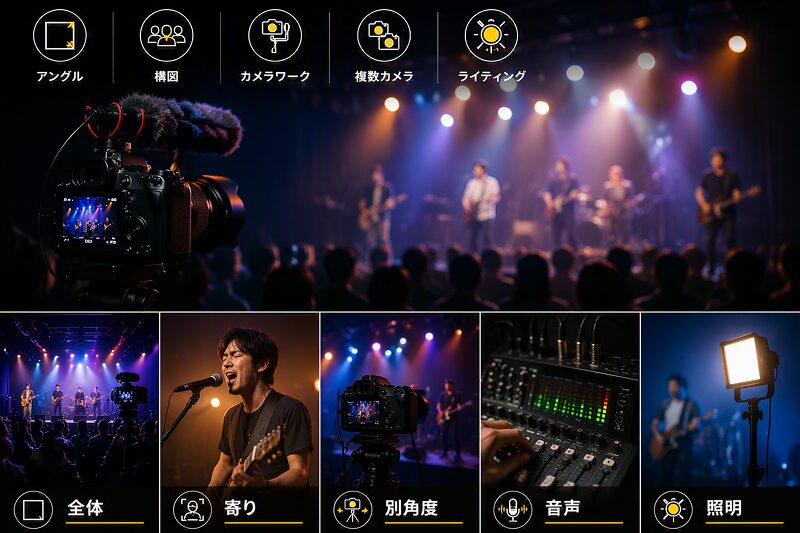 初心者向けにライブ動画撮影の全体・寄り・別角度・音声・照明の工夫をまとめたイメージ