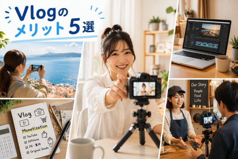Vlogのメリット5選を解説したイメージ。旅行の記録、動画撮影、編集スキル習得、収益化、店舗PR活用を表現した図