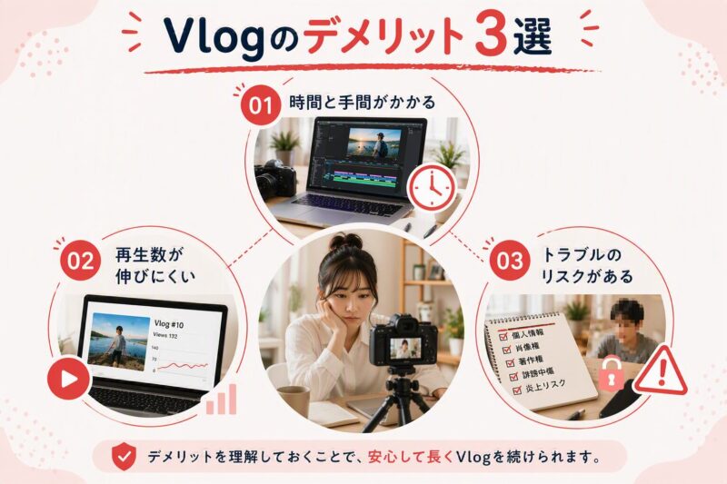Vlogのデメリット3選を解説した画像。撮影と編集の負担・再生回数を伸ばす難しさ・トラブルのリスクを表現