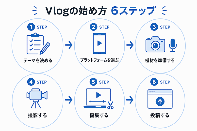 Vlogの始め方6ステップを解説した図。テーマ決め、プラットフォーム選び、機材準備、撮影、編集、投稿までの流れを示した初心者向けガイド