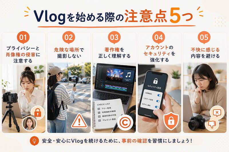 Vlogを始める際の注意点5つを解説した画像。プライバシーと肖像権、危険な場所での撮影、著作権、アカウントのセキュリティ、不快な内容への配慮について紹介