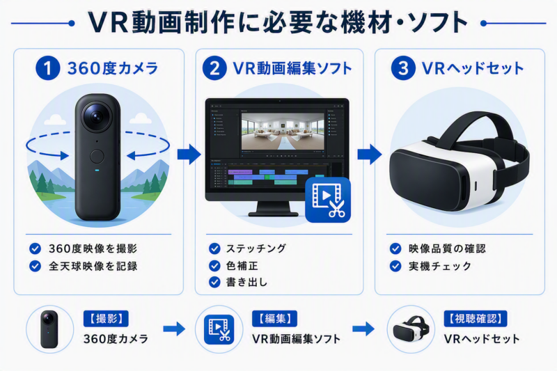 VR動画制作に必要な360度カメラ、VR動画編集ソフト、VRヘッドセットを紹介した図解