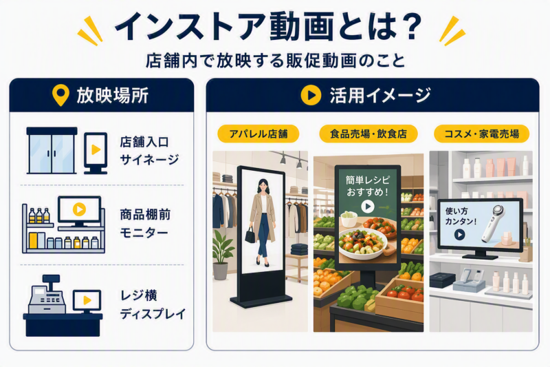 インストア動画の主な放映場所と活用シーンをまとめた図解