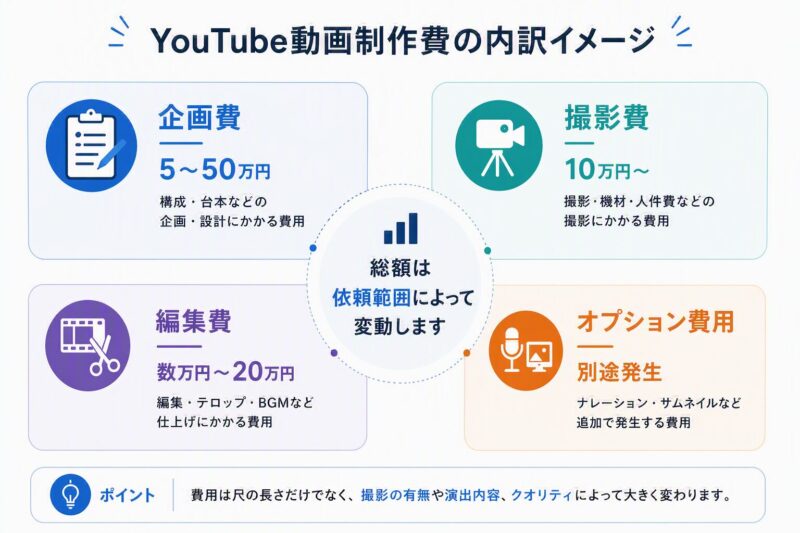 YouTube動画制作費の内訳イメージ。企画費5〜50万円、撮影費10万円〜、編集費数万円〜、オプション費の相場をまとめた図解。